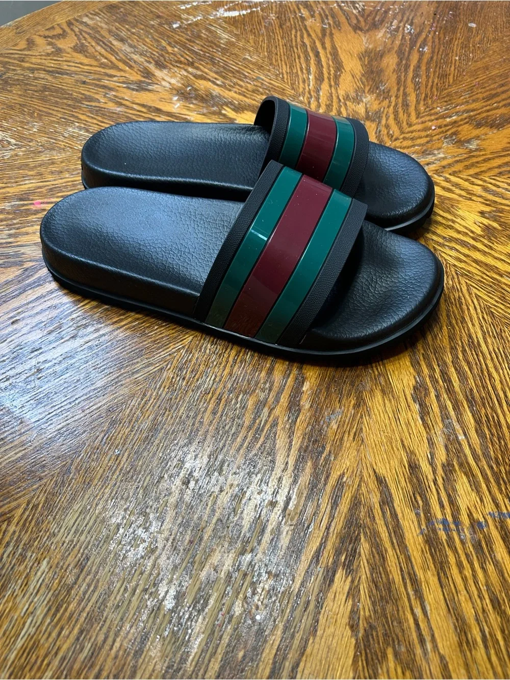 Gucci Black Slides with Green and Burgundy Stripes